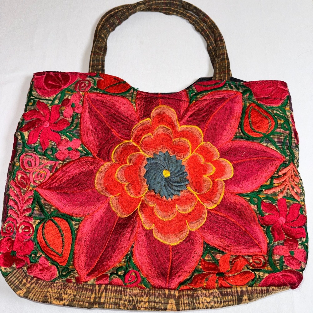 Boho Floral Embroidered Tote Bag Red Large Flower Ikat Woven Shoulder Bag